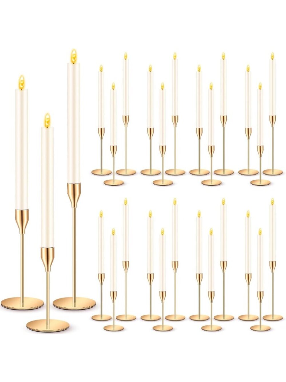 30 Pcs Gold Candlestick Holders with Flameless Taper Candles - Elegant Home